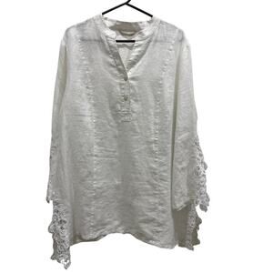 Soft Surroundings 100% Linen V-Neck Bohemian Tunic w/ Crochet Detail Sz L